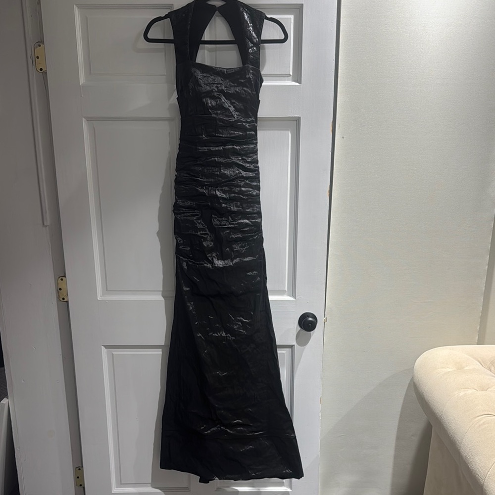Nicole Miller Black Ruched Halter Maxi Dress
